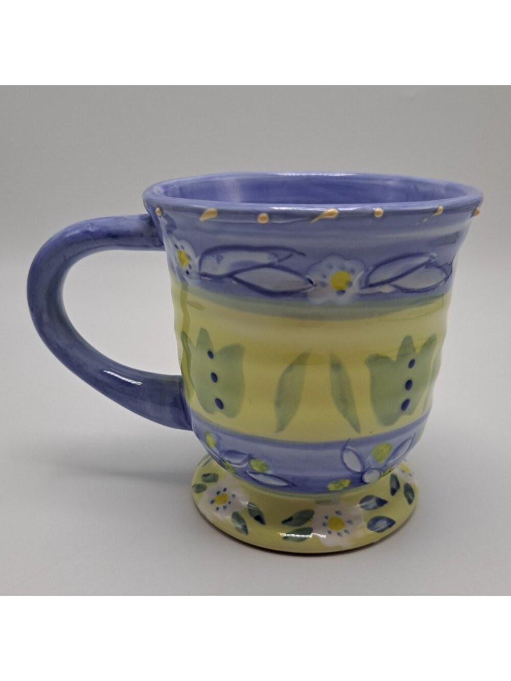 Les Fleurs Coffee Mug Cup Hand Painted Floral Yellow Blue 20 Oz